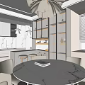 Modern Restaurant Interior With Open Concept Round Dining Table And Pendant Light 3d model