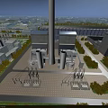 Aerial View of Industrial Plant with Tall Chimney Industrial Buildings Piping Structures and Surrounding Greenery