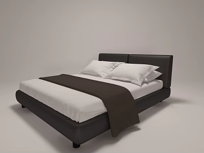 Modern Double Bed With Black Leather Headboard White Mattress Brown Blanket And White Pillows 3d model