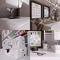 Industrial Sewing Machine On White Desk With Storage Cabinets Books Colored Pens And Office Supplies