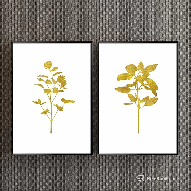 Two Botanical Prints With Golden Plant Foliage on White Background in Black Frames 3d model 