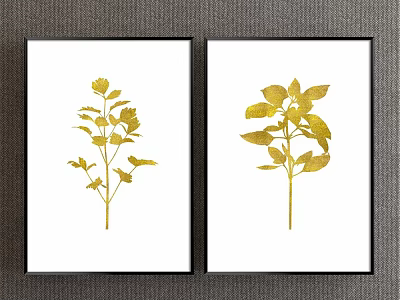 Two Botanical Prints With Golden Plant Foliage on White Background in Black Frames 3d model