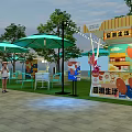 Vibrant Commercial Street With Colorful Stalls Green Trees And Blue Umbrellas