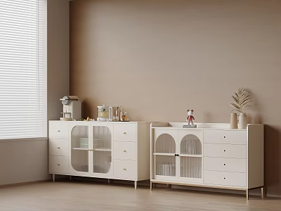 Minimalist White Sideboard with Drawers Glass Doors and Decorative Items in Modern Interior 3d model