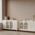 Minimalist White Sideboard with Drawers Glass Doors and Decorative Items in Modern Interior