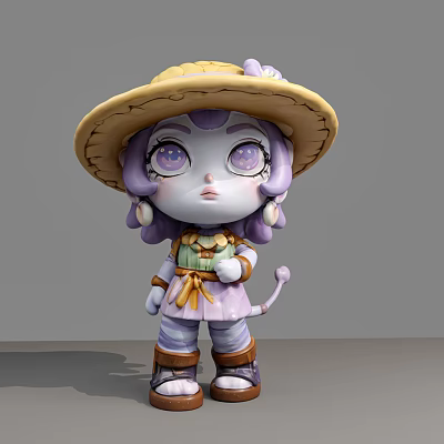 Cute Game Movie Character With Purple Hair Yellow Straw Hat Small Flower And Cat Tail 3d model