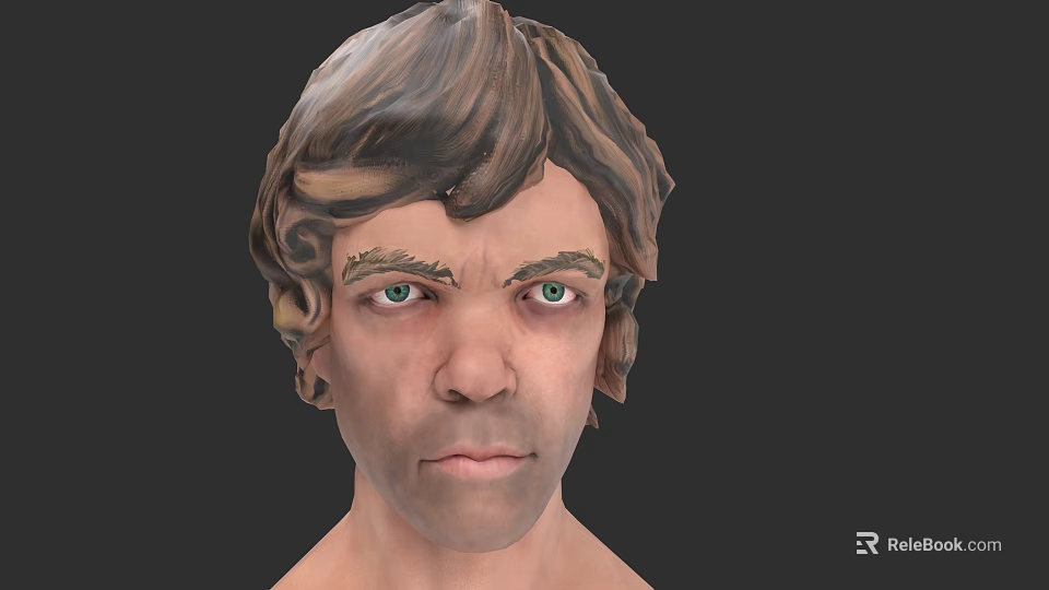 Realistic 3D Game and Film Character Head Model With Brown Curly Hair Green Eyes 3d model 