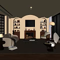 Modern Living Room Interior Design With Sofa Chair Coffee Table Fireplace And Bookshelves