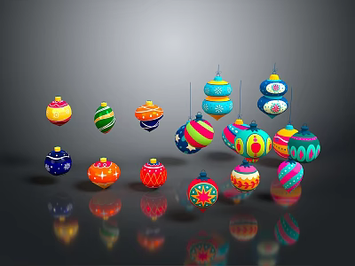 Colorful Decorative Balls With Various Colors Diverse Patterns Hanging And Placed On Dark Surface 3d model