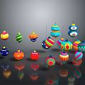 Colorful Decorative Balls With Various Colors Diverse Patterns Hanging And Placed On Dark Surface