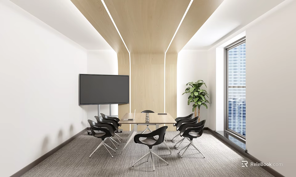 Modern Conference Room Interior With Large Table Black Chairs Projector Screen And Potted Plant 3d model 