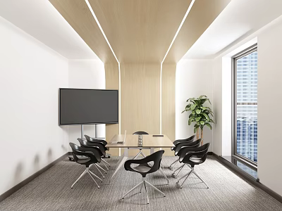 Modern Conference Room Interior With Large Table Black Chairs Projector Screen And Potted Plant 3d model