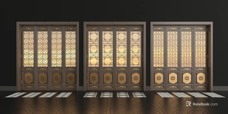 Chinese Style Decorative Cabinet With Carved Glass Panels And Golden Circular Motifs 3d model 