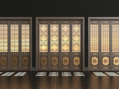 Chinese Style Decorative Cabinet With Carved Glass Panels And Golden Circular Motifs 3d model