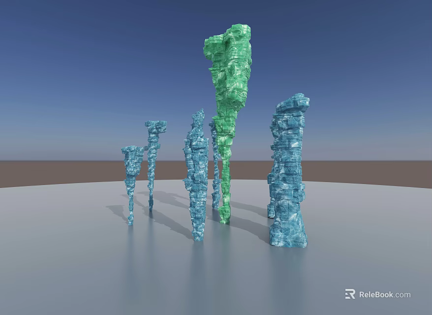 Green And Blue Stone Wood Columns 3D Model With Blue Sky Gray Ground 3d model 