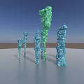Green And Blue Stone Wood Columns 3D Model With Blue Sky Gray Ground