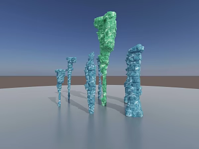 Green And Blue Stone Wood Columns 3D Model With Blue Sky Gray Ground 3d model