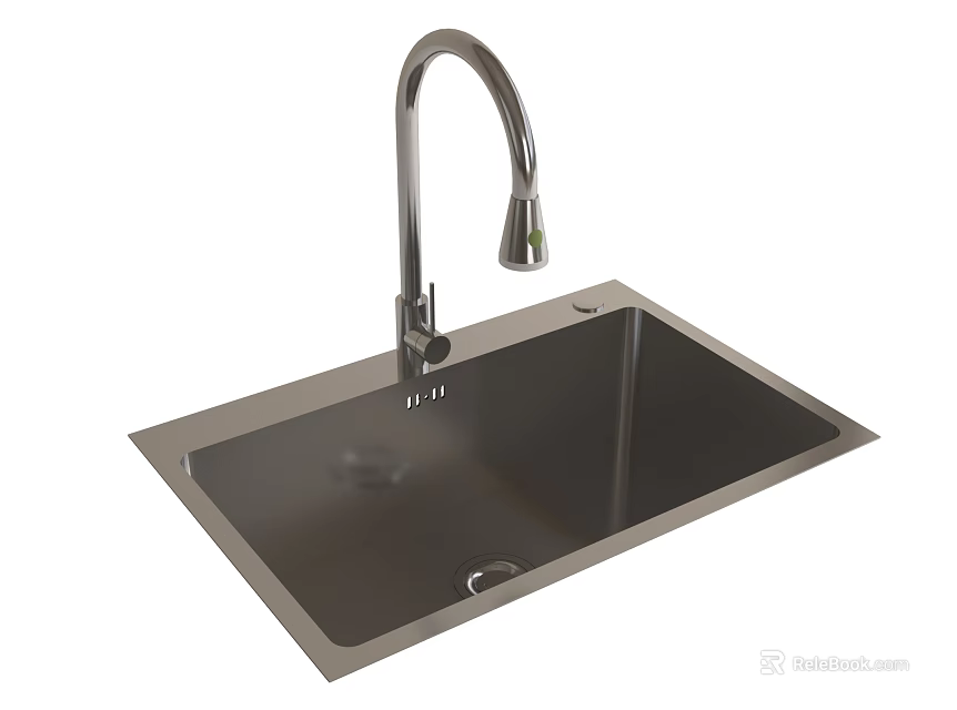 Single Bowl Stainless Steel Kitchen Sink With Modern Curved Faucet And Square Design 3d model 