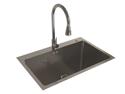 Single Bowl Stainless Steel Kitchen Sink With Modern Curved Faucet And Square Design 3d model
