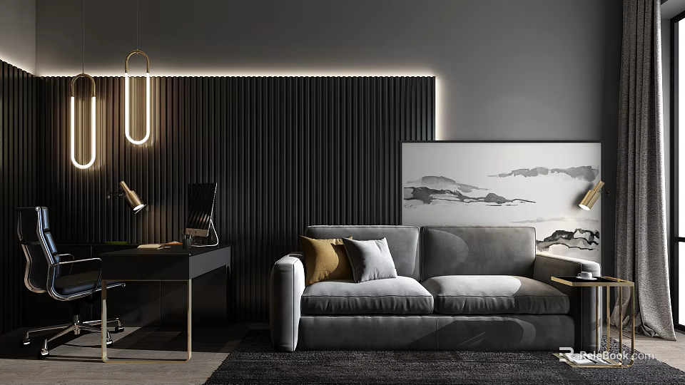 Modern Living Room Interior With Gray Sofa Wall Art And Pendant Lights 3d model 