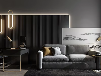 Modern Living Room Interior With Gray Sofa Wall Art And Pendant Lights 3d model