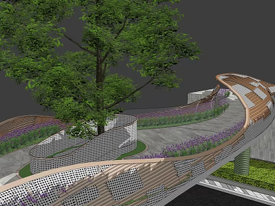 Modern Landscape Bridge With Wooden Mesh Structure Purple Flowers And Large Tree 3d model