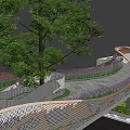 Modern Landscape Bridge With Wooden Mesh Structure Purple Flowers And Large Tree