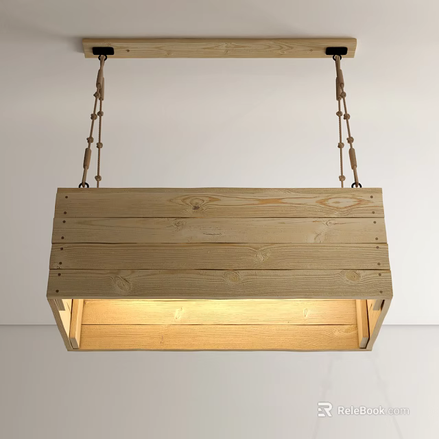 Natural Pine Wood Pendant Light with Rectangular Wooden Frame and Hanging Chains 3d model 