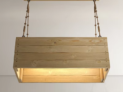 Natural Pine Wood Pendant Light with Rectangular Wooden Frame and Hanging Chains 3d model