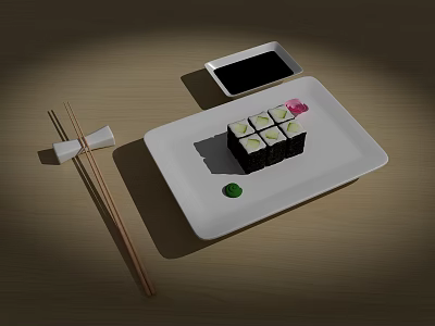 Delicious Sushi Served on White Plate with Soy Sauce Chopsticks Wasabi and Pink Garnish 3d model