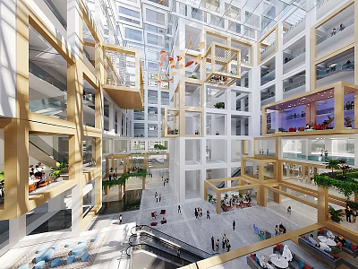 Bright Modern Office Hallway With Multi Level Glass Facade Wooden Frames And Green Plants 3d model