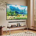 Modern TV on Rolling Stand Displaying Natural Mountain Landscape in Living Room with Window Blinds