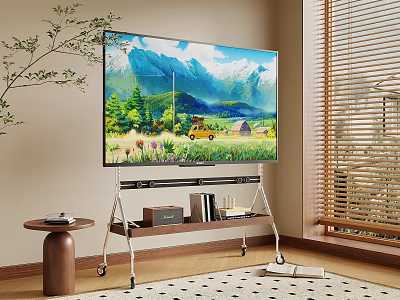 Modern TV on Rolling Stand Displaying Natural Mountain Landscape in Living Room with Window Blinds 3d model