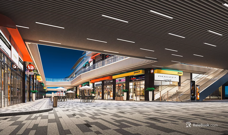Modern Commercial Street With Vibrant Storefronts Outdoor Lighting And Pedestrian Walkway 3d model 