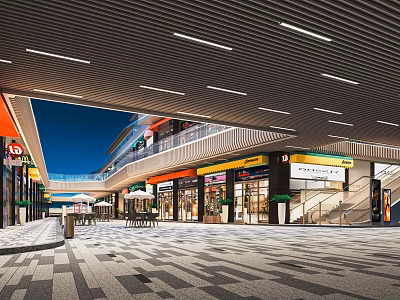 Modern Commercial Street With Vibrant Storefronts Outdoor Lighting And Pedestrian Walkway 3d model