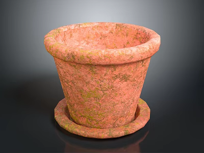 Pink Textured Flower Pot With Matching Saucer And Weathered Finish 3d model