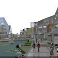 Modern Traditional Commercial Complex With Water Features Leisure Spaces And People Relaxing