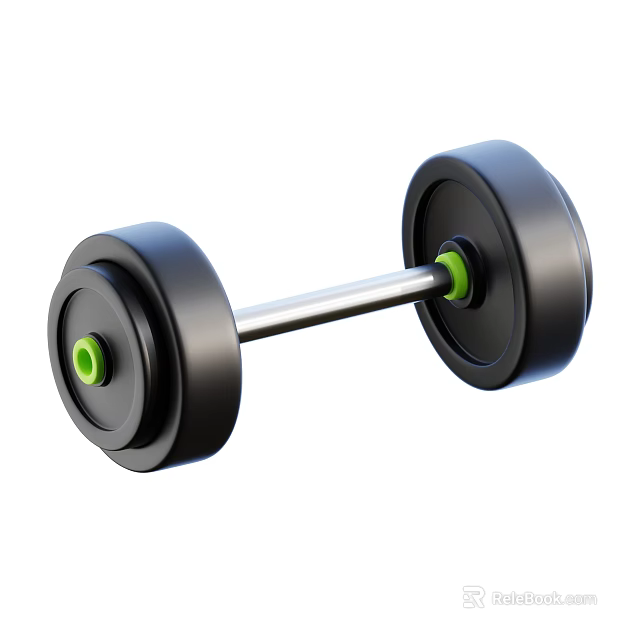 Black Fitness Dumbbell With Green Center Discs And Silver Bar Sports Equipment 3d model 