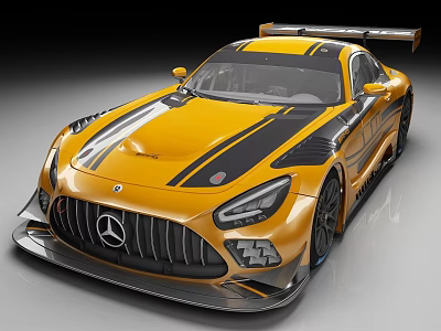 Yellow Mercedes High Performance Race Car With Black Stripes And Rear Wing 3d model