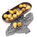 Fresh Ripe Pears in Oval Wooden Bowl with Checkered Cloth on White Background