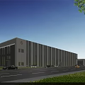 Modern Industrial Factory Building With Large Windows Surrounding Greenery And Parking Area