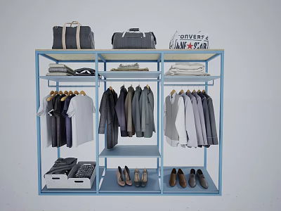 Clothing Overstock Sale Display with Hanging Shirts Coats and Shoes on Blue Rack 3d model