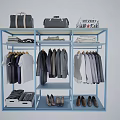 Clothing Overstock Sale Display with Hanging Shirts Coats and Shoes on Blue Rack