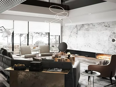 Elegant Modern Luxury Living Room With Marble Accent Wall Warm Fireplace And Spacious Floor Windows 3d model
