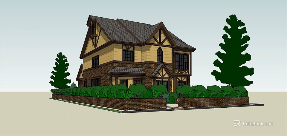 Traditional Detached Villa With Yellow Brown Exterior Decorative Windows Dark Roof And Green Shrubs 3d model 