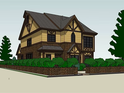 Traditional Detached Villa With Yellow Brown Exterior Decorative Windows Dark Roof And Green Shrubs 3d model