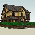 Traditional Detached Villa With Yellow Brown Exterior Decorative Windows Dark Roof And Green Shrubs