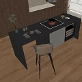 Modern Office Desk With Stylish Chair Potted Plant Cup Wooden Wall And Window Blinds