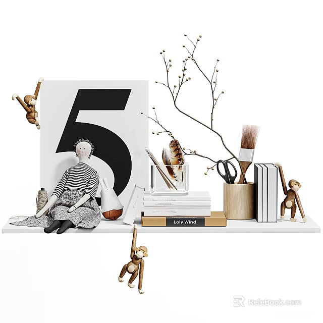 Ornamental Decor Set with Number 5 Figurine Twig Branch Paintbrushes Scissors Books Monkey Ornaments 3d model 