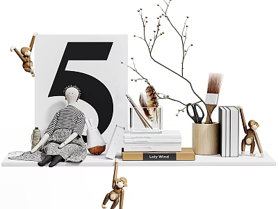 Ornamental Decor Set with Number 5 Figurine Twig Branch Paintbrushes Scissors Books Monkey Ornaments 3d model